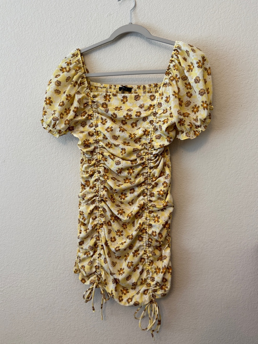 Love Tree Yellow Floral Ruched Puff Sleeve Mini Dress